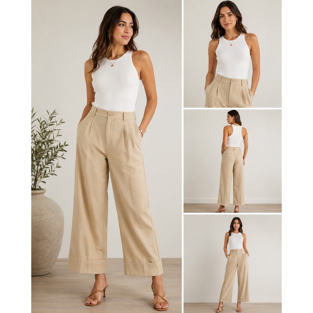 Lauren Ralph Lauren Tan Wide Leg Pleated Cropped Trousers Khaki Pants Size 14